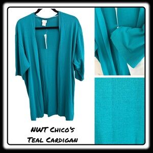 NWT Chicos Size 2 (12-14) teal long open-front cardigan.